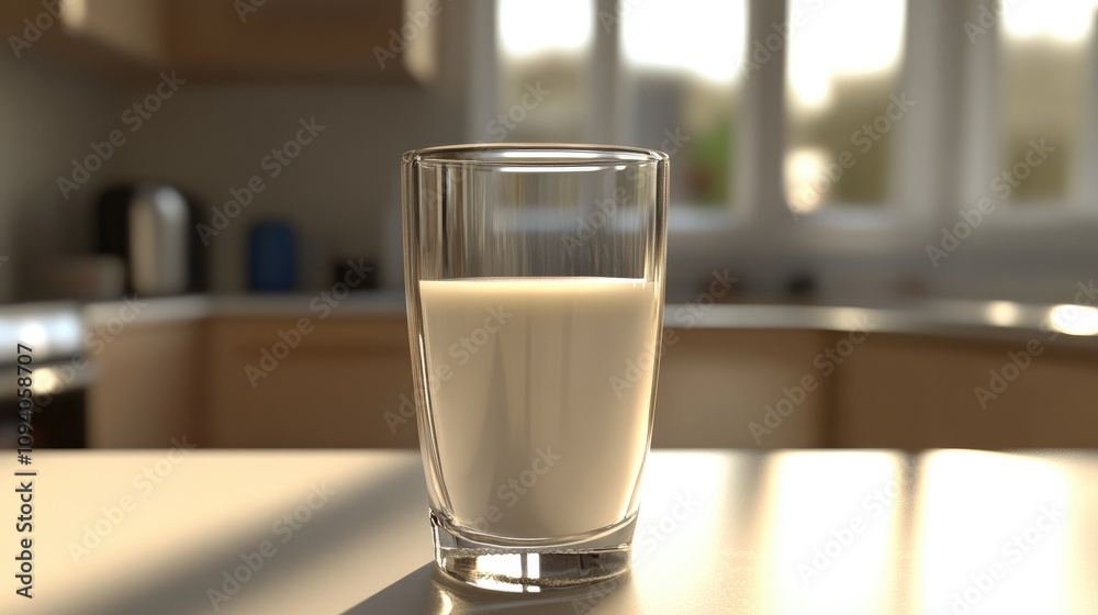 Fresh Glass of Milk on Modern White Counter Fresh Glass of Milk on Modern White Counter