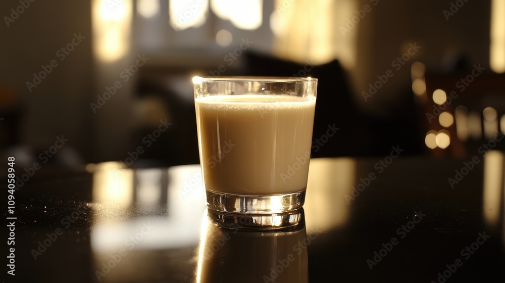 Glass of Milk on Glossy Black Table at Sunset Glass of Milk on Glossy Black Table at Sunset