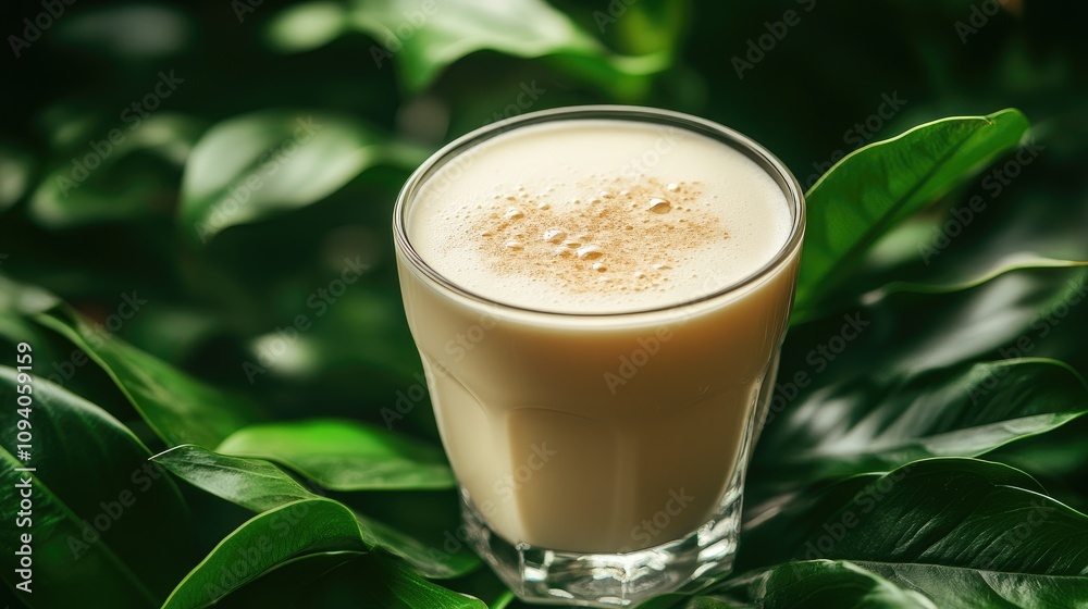 Glass of Milk with Foam on Green Leaves