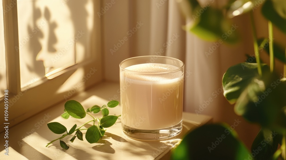 Glass of Milk with Foam and Natural Light Glass of Milk with Foam and Natural Light