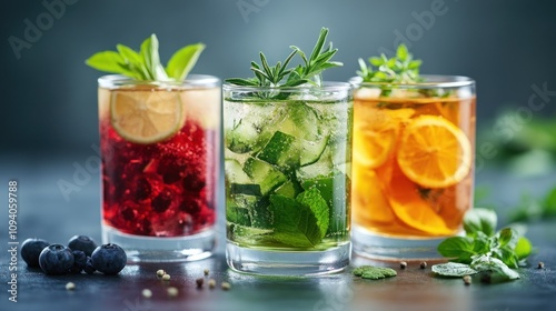 Three colorful drinks with fruits and herbs, showcasing refreshing beverage options.