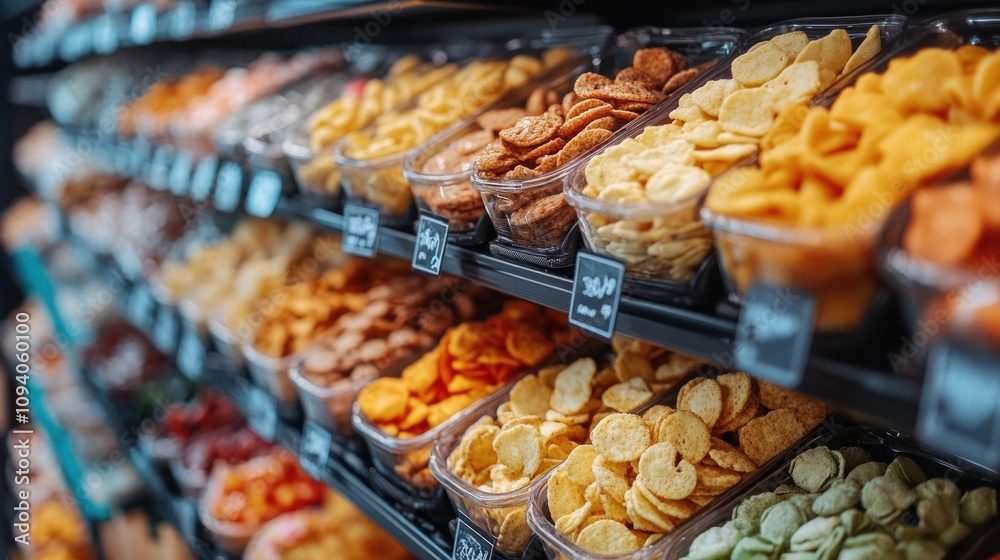 A display of various dried snacks arranged in clear containers on a shelf. A display of various dried snacks arranged in clear containers on a shelf.