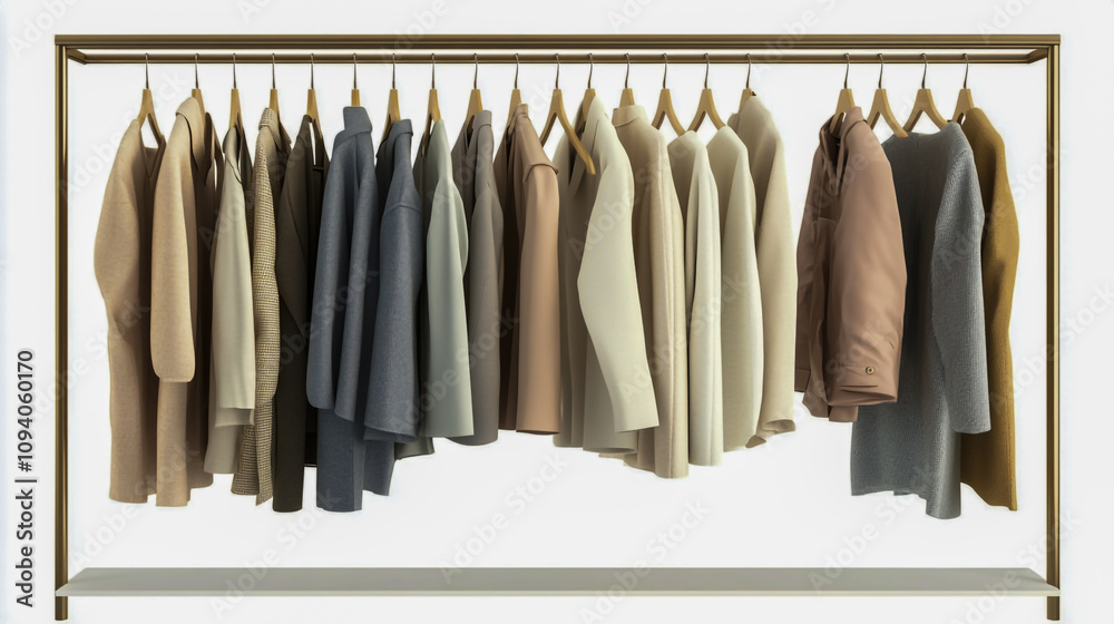 Men's wardrobe with light pastel clothing on hangers, isolated on a white background Men's wardrobe with light pastel clothing on hangers, isolated on a white background