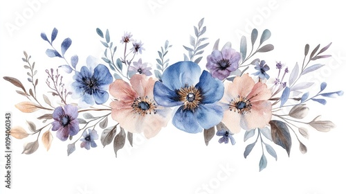 Watercolor Floral Arrangement: Delicate blue and peach flowers bloom amidst lush foliage in a watercolor painting, capturing the beauty of nature's artistry.