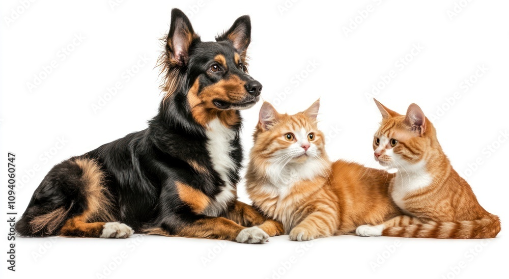 A dog and two cats sitting together, showcasing companionship among pets.