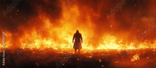 A single figure stands silhouetted against a fiery inferno, the flames reaching up towards the sky in a dramatic display of power and destruction.