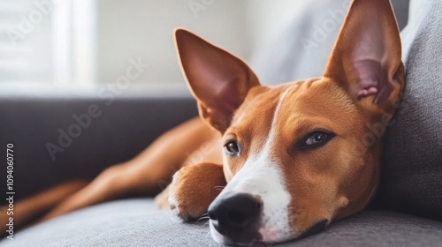 A relaxed dog lounging on a couch, showcasing a cozy indoor environment.