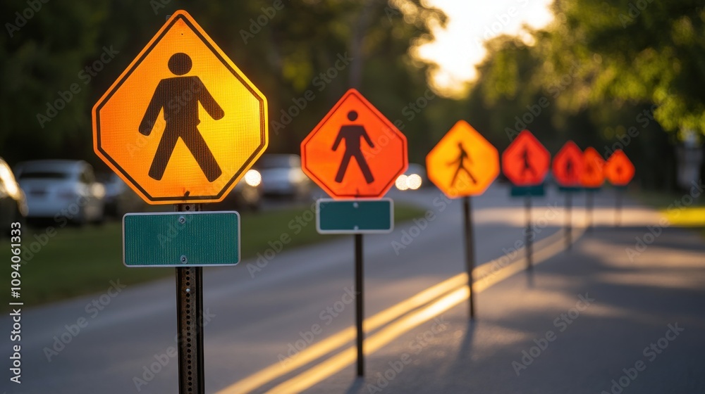 A row of pedestrian warning signs along a road indicating a walking area. A row of pedestrian warning signs along a road indicating a walking area.