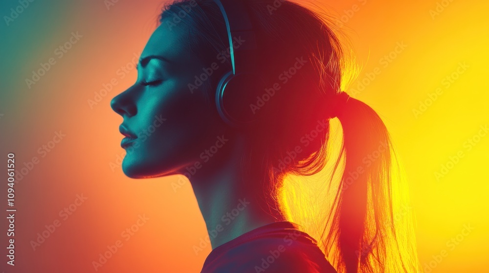 A serene profile of a woman wearing headphones, immersed in music with vibrant colors. A serene profile of a woman wearing headphones, immersed in music with vibrant colors.