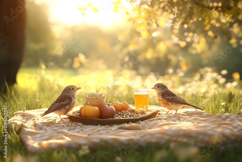 A cute bird family enjoying a picnic with seeds and fruits, with copyspace and a beautiful meadow background. Soft, inviting light. Nature picnic background. photo