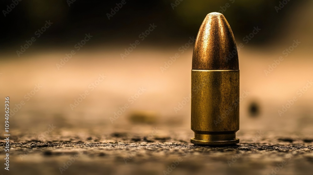 A single bullet stands upright on a rough surface. A single bullet stands upright on a rough surface.