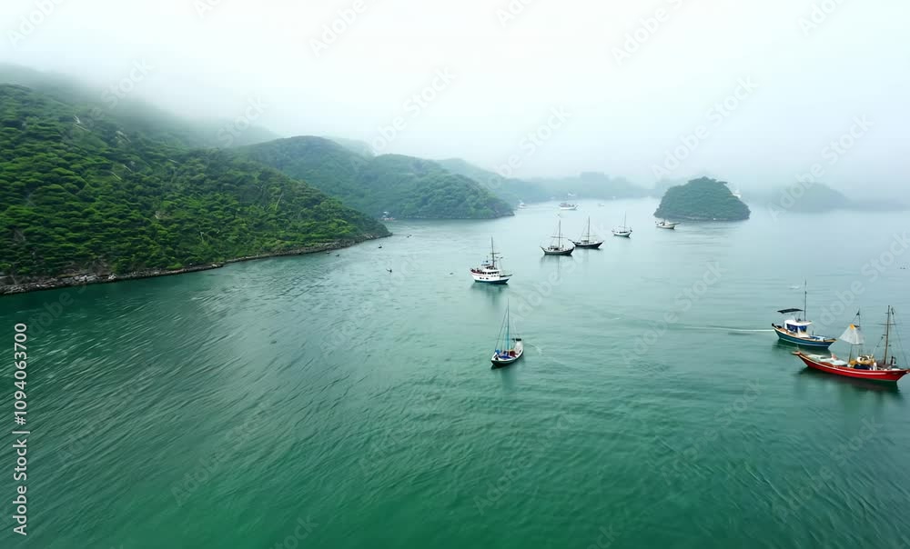 Serene boats glide through misty waters, revealing lush islands in breathtaking nature landscape. Serene boats glide through misty waters, revealing lush islands in breathtaking nature landscape.
