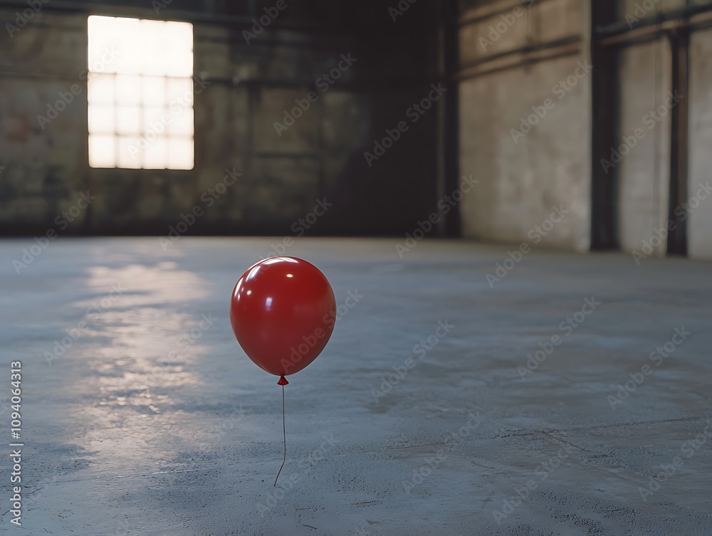 A single red balloon floats in an empty, industrial space with concrete flooring and a large window allowing soft light to filter in. A single red balloon floats in an empty, industrial space with concrete flooring and a large window allowing soft light to filter in.