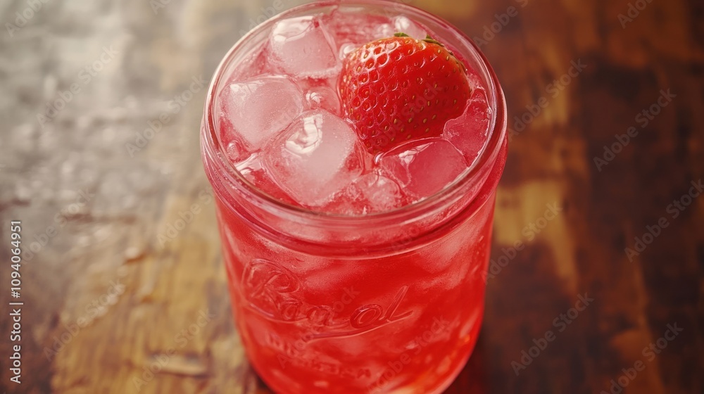 A refreshing pink drink with ice and a strawberry garnish in a glass jar. A refreshing pink drink with ice and a strawberry garnish in a glass jar.