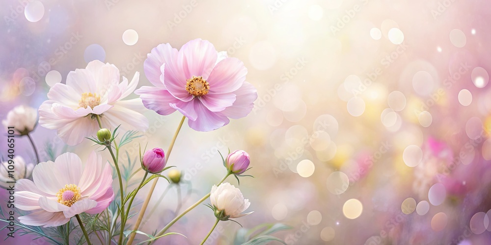 Pastel Pink Cosmos Flowers in a Soft Bokeh Background Pastel Pink Cosmos Flowers in a Soft Bokeh Background