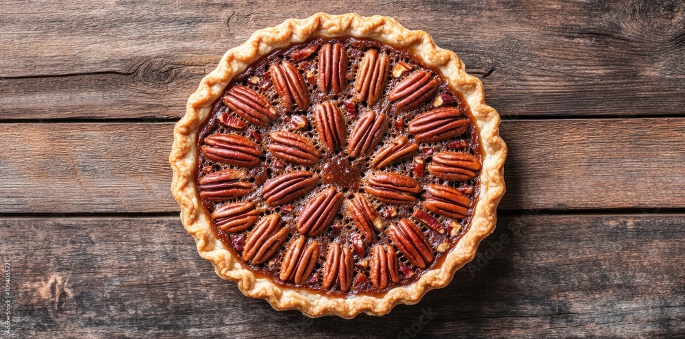 A delicious pecan pie with a golden crust, beautifully arranged pecans on top.