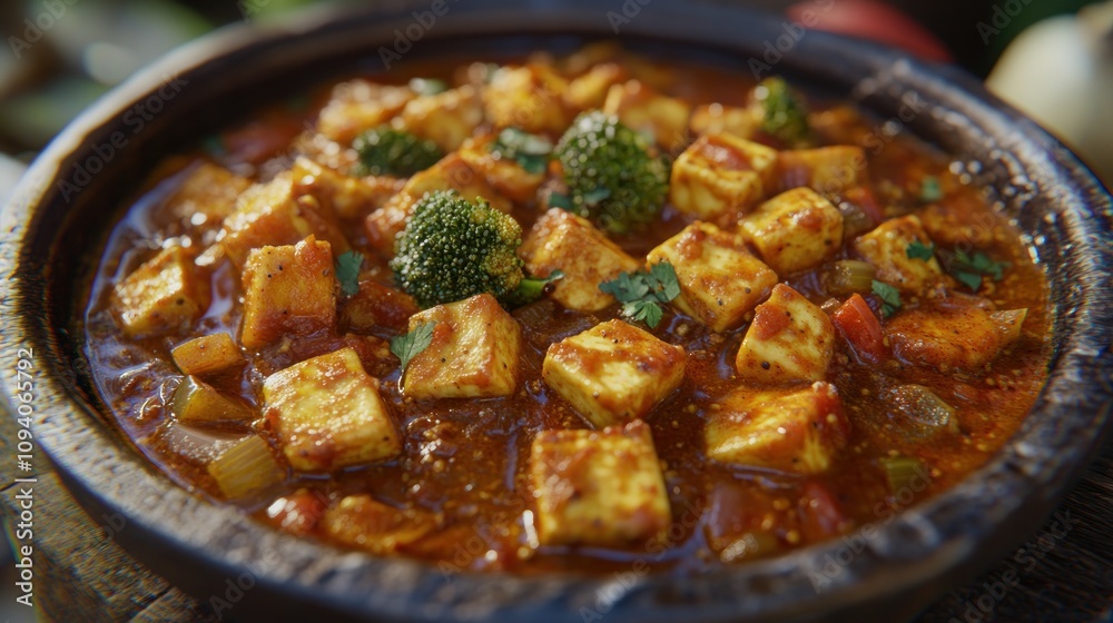 A vibrant dish of tofu and vegetables in a rich sauce, served in a rustic bowl. A vibrant dish of tofu and vegetables in a rich sauce, served in a rustic bowl.