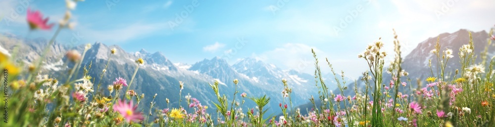 Obraz premium A scenic view of colorful wildflowers in a mountainous landscape under a bright blue sky.
