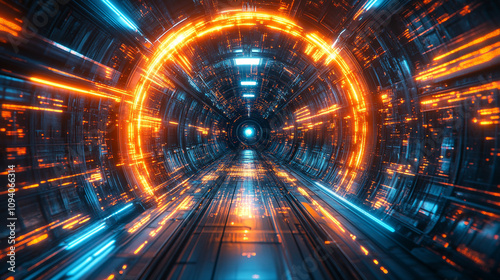 Abstract neon lights streaking through a dark tunnel, symbolizing movement, energy, and the intersection of technology and the unknown, creating a sense of depth and futuristic motion