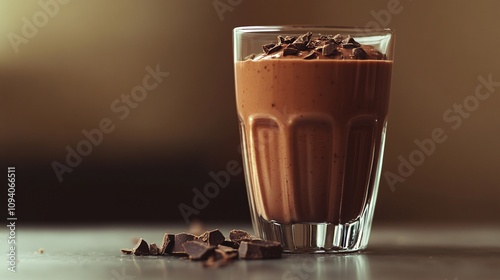 Wallpaper Mural 9.A rich chocolate smoothie in a transparent glass, adorned with bits of cocoa nibs on the surface, capturing the creamy consistency and vibrant brown hues, against a neutral setting. Torontodigital.ca
