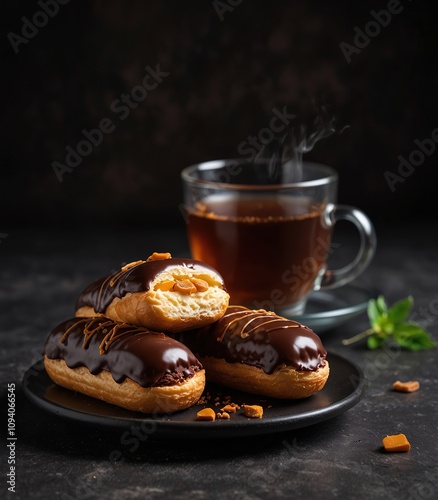 Front view delicious choco eclairs with tea on a dark