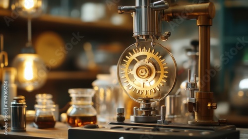 Intricate Laboratory Equipment with Vintage Aesthetic Showcasing a Decorative Gear Mechanism Under Soft Warm Lighting in a Cozy Atmosphere