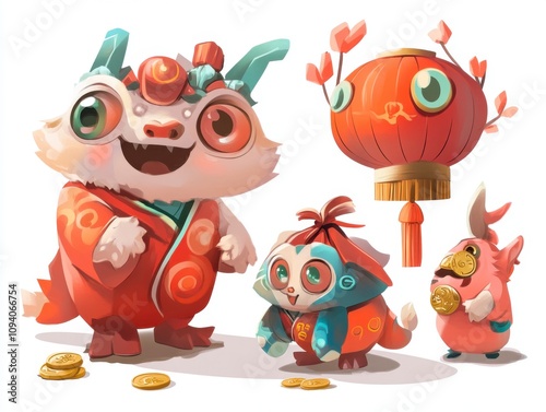 Vibrant cartoon-style collection celebrating auspicious festivities with playful characters and rich colors