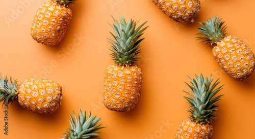 A vibrant arrangement of pineapples on an orange background, showcasing their tropical appeal.