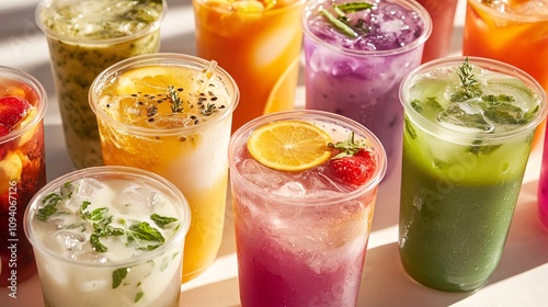 23.A colorful collection of iced beverages, featuring matcha, milk tea, and fruity iced teas, each cup adorned with fresh fruit slices, herbs, and toppings, creating a visually appealing and © Sinechana