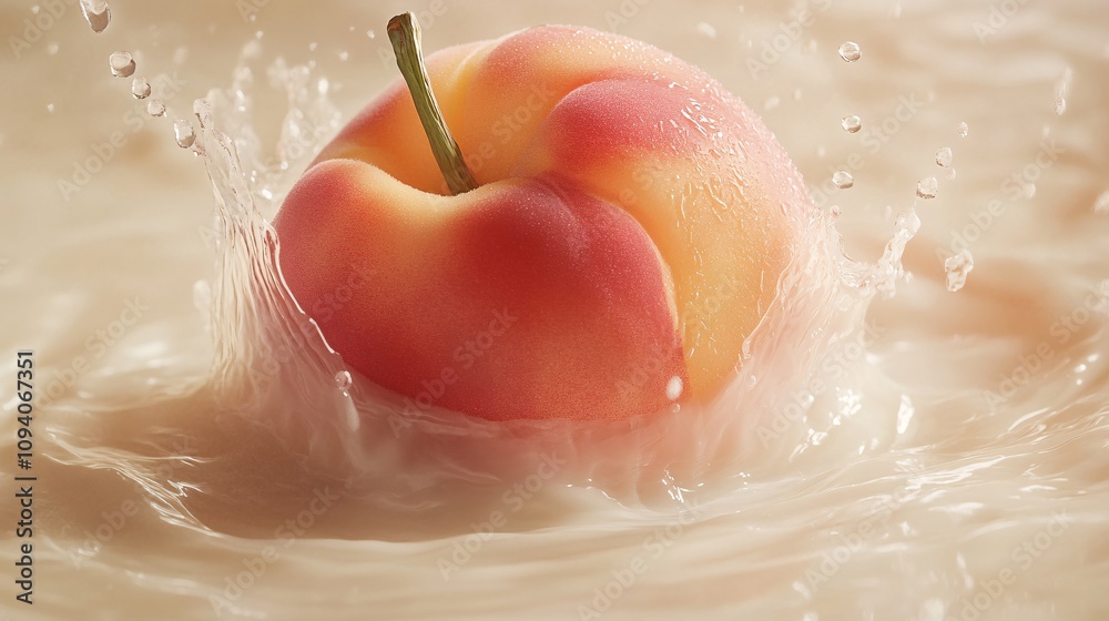 Fototapeta premium 27.A fresh, ripe peach falling into a pool of milk, creating an explosive splash with ripples and suspended droplets, the peach partially submerged, detailed with vibrant colors and smooth textures.