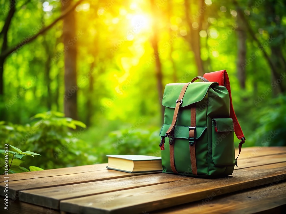 Tilt-Shift Photography of a Green Backpack with a Red and Blue Book on a Table Surrounded by Nature for Educational and Travel Themes Tilt-Shift Photography of a Green Backpack with a Red and Blue Book on a Table Surrounded by Nature for Educational and Travel Themes