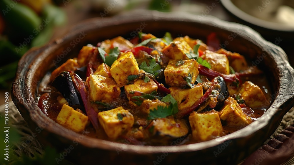 A vibrant dish featuring paneer, vegetables, and spices, served in a rustic bowl. A vibrant dish featuring paneer, vegetables, and spices, served in a rustic bowl.