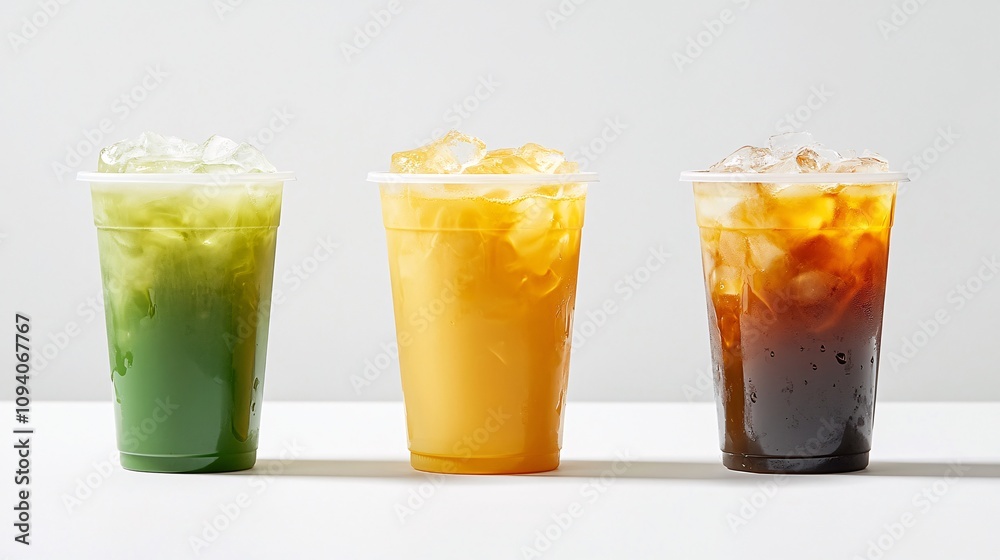 37.Three 22-ounce plastic cups lined up, showcasing iced drinks: green milk tea with a refreshing pale green color, Thai milk tea with a creamy orange hue, and a dark iced Americano, each filled with 37.Three 22-ounce plastic cups lined up, showcasing iced drinks: green milk tea with a refreshing pale green color, Thai milk tea with a creamy orange hue, and a dark iced Americano, each filled with