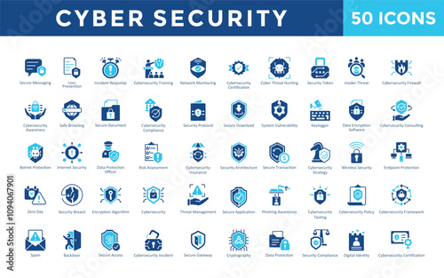 Cybersecurity icons set with secure messaging, data loss prevention, incident response, cybersecurity training, network monitoring, cybersecurity certification icon. Simple flat vector 
