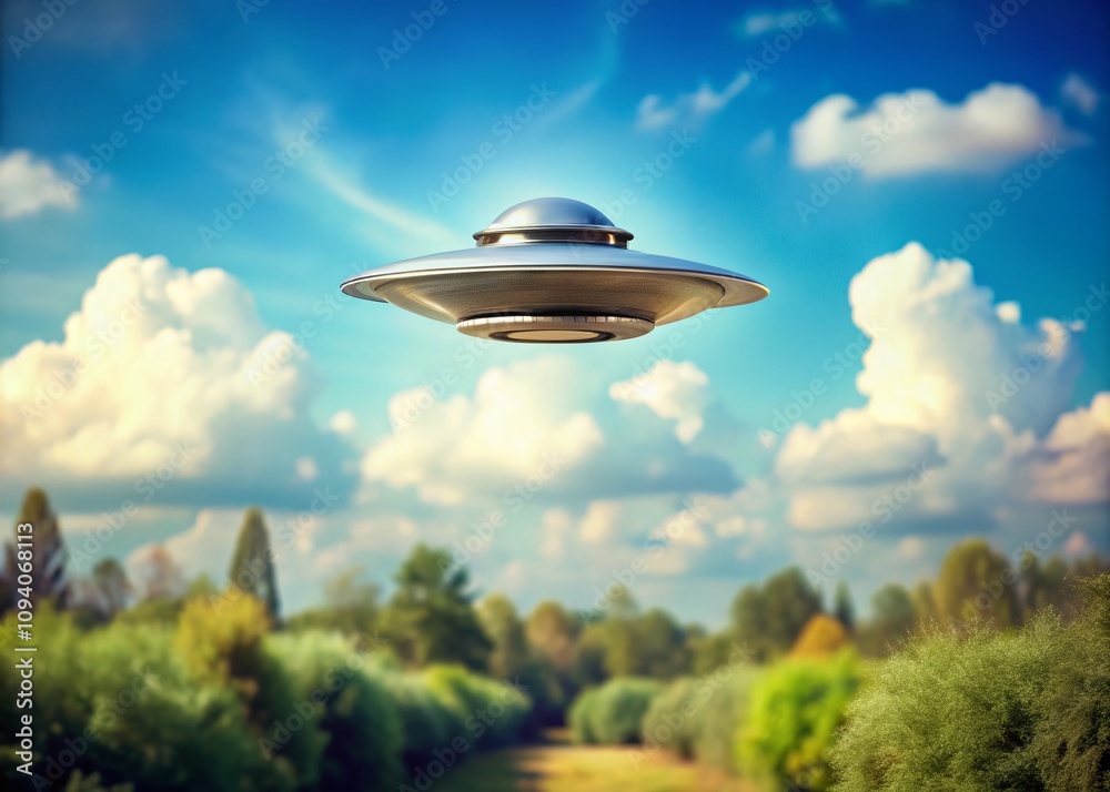 Tilt-Shift Photography of a UFO Hovering in a Light Sky Background with a Flat Design Aesthetic, Perfect for Capturing Otherworldly Themes and Sci-Fi Concepts Tilt-Shift Photography of a UFO Hovering in a Light Sky Background with a Flat Design Aesthetic, Perfect for Capturing Otherworldly Themes and Sci-Fi Concepts