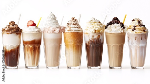 Wallpaper Mural 46.A collection of various cold beverages in glass cups, including iced coffee, frothy milkshakes, and creamy frappes, isolated on a white background, showcasing the diverse textures, colors, and Torontodigital.ca