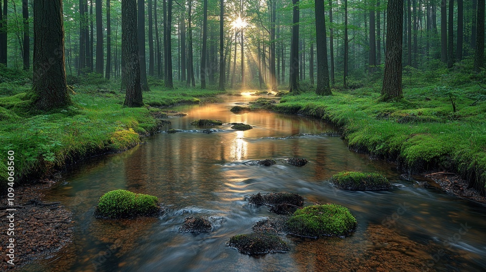 Obraz premium Sunbeams Through Forest Stream