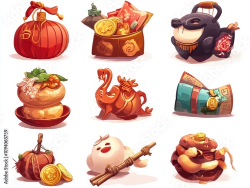 A vibrant collection of cartoon-style auspicious elements for Lunar New Year, featuring traditional red lanterns, fortune knots, gold coins, and festive decorations. 