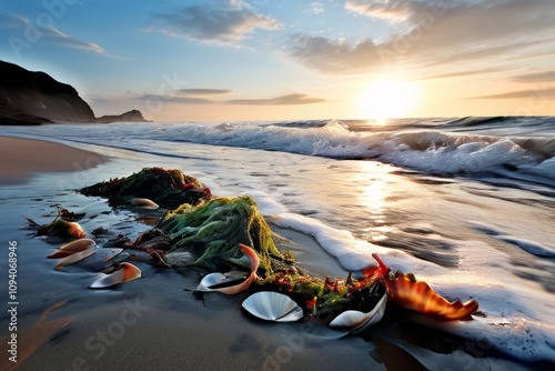 tide coming in waves gently rolling onto the shore leaving behin photo