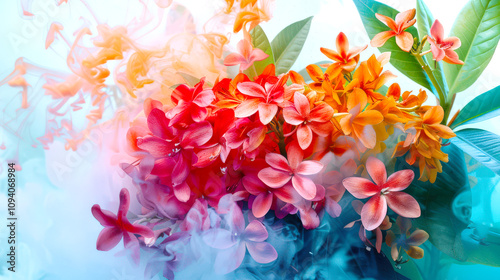 A bouquet of ixora flowers in mysterious smoke. A bright floral arrangement in the fog. The smoke creates the impression of a fabulous, unearthly atmosphere. The concept of a postcard for March 8 photo