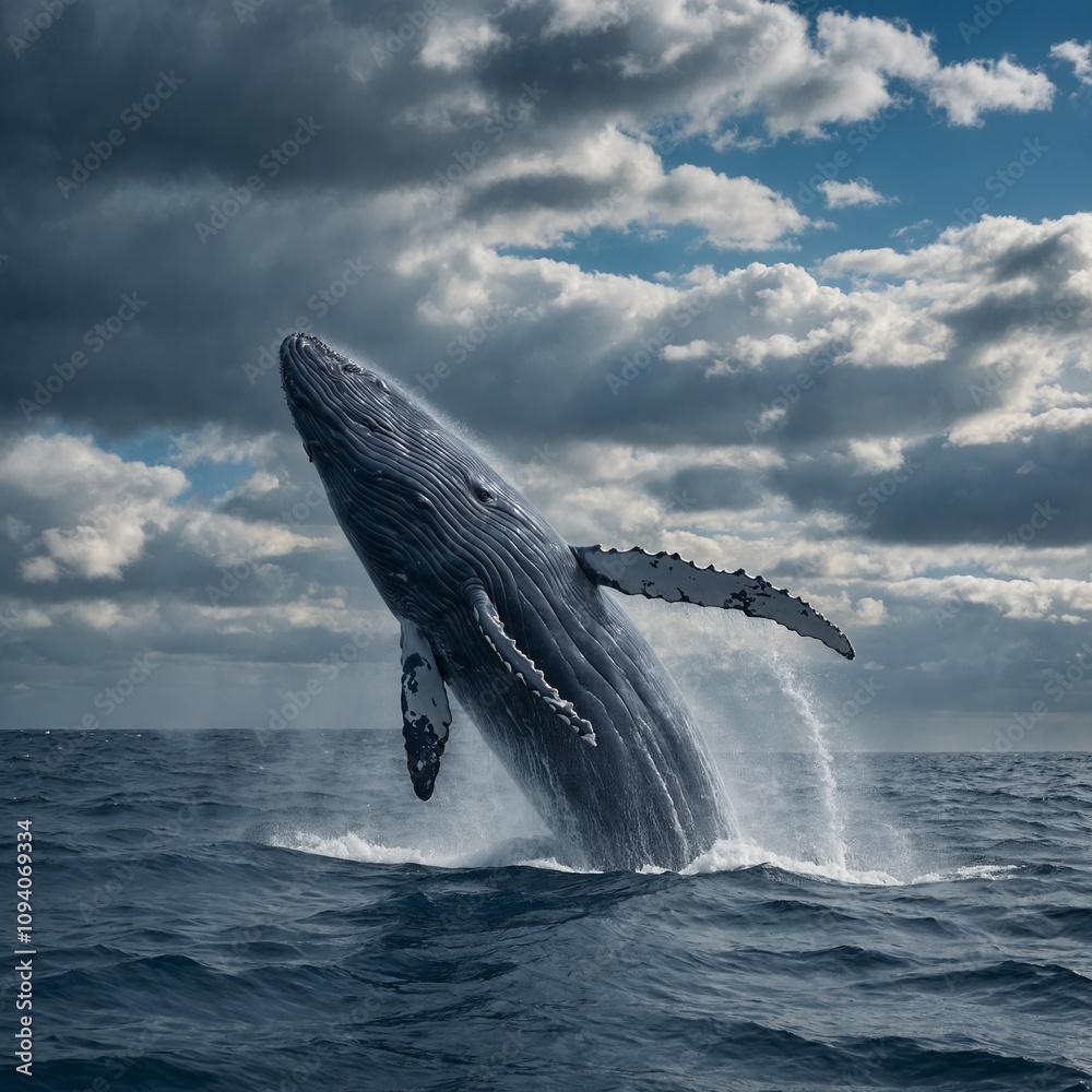 Fototapeta premium A majestic blue whale breaching the surface of the ocean under a dramatic cloudy sky.