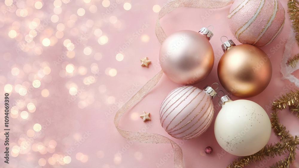 A charming and elegant Christmas-themed composition featuring a soft pink background with a delicate bokeh effect, creating a dreamy and festive atmosphere A charming and elegant Christmas-themed composition featuring a soft pink background with a delicate bokeh effect, creating a dreamy and festive atmosphere