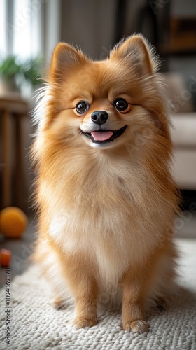 Adorable Pomeranian Dog Sitting On A Rug photo