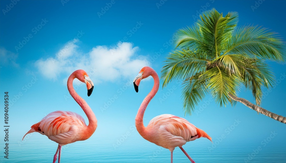 Obraz premium Pink flamingo and palm tree on blue summer background