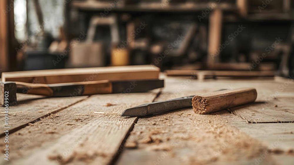 Woodworking Tools and Wood on Workbench Woodworking Tools and Wood on Workbench