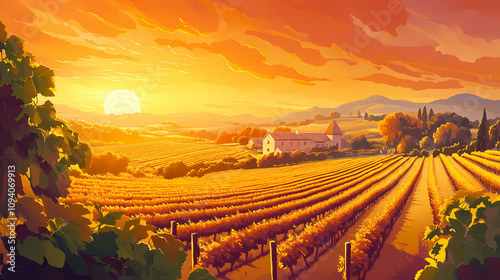 Stunning vibrant vineyard landscapes captured during golden hour light showcasing rich colors lush vines under warm glowing sky, sunset, dusk, nature, harvest. Golden Hour Vineyard. Illustration