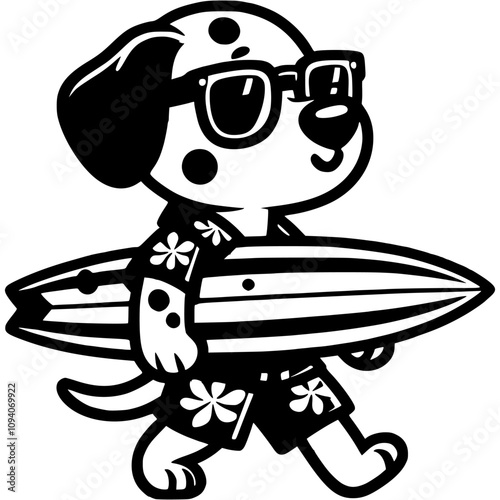 Dalmatian puppy carries surfboard to ocean in monochrome. Simple minimalistic vector in black ink drawing on transparent background