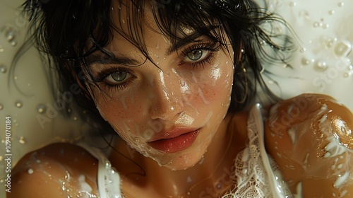 Close-up Portrait of a Woman Covered in Milk