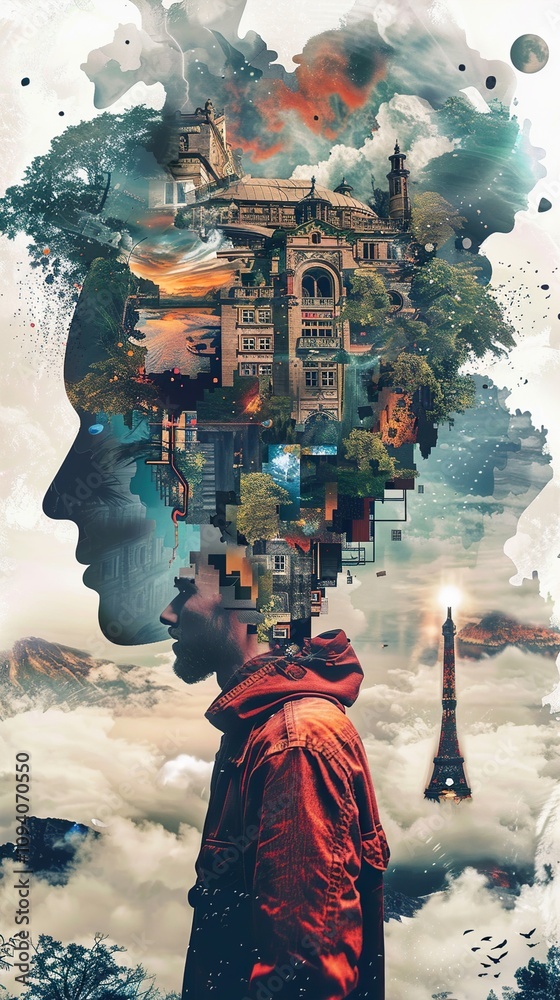 Fototapeta premium Surreal Collage of a Man's Mind: A Cityscape of Thoughts and Dreams