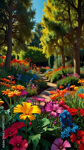 Wallpaper Mural Vibrant Garden Path Sunlit Blooms, Lush Greenery, Stone Walkway. Generative AI Torontodigital.ca